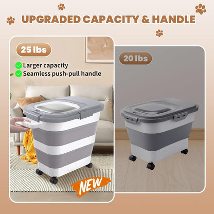 23 to 25Lbs Airtight Pet Food Storage Container, Collapsible Dog & Cat Food Bin with Wheels, Scoop & Lid