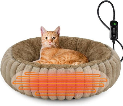 Heated Cat Bed for Indoor Cats & Small Dogs, 20 Inch Cozy Donut Pet Bed with Timer, Adjustable Temperature & Waterproof Cover