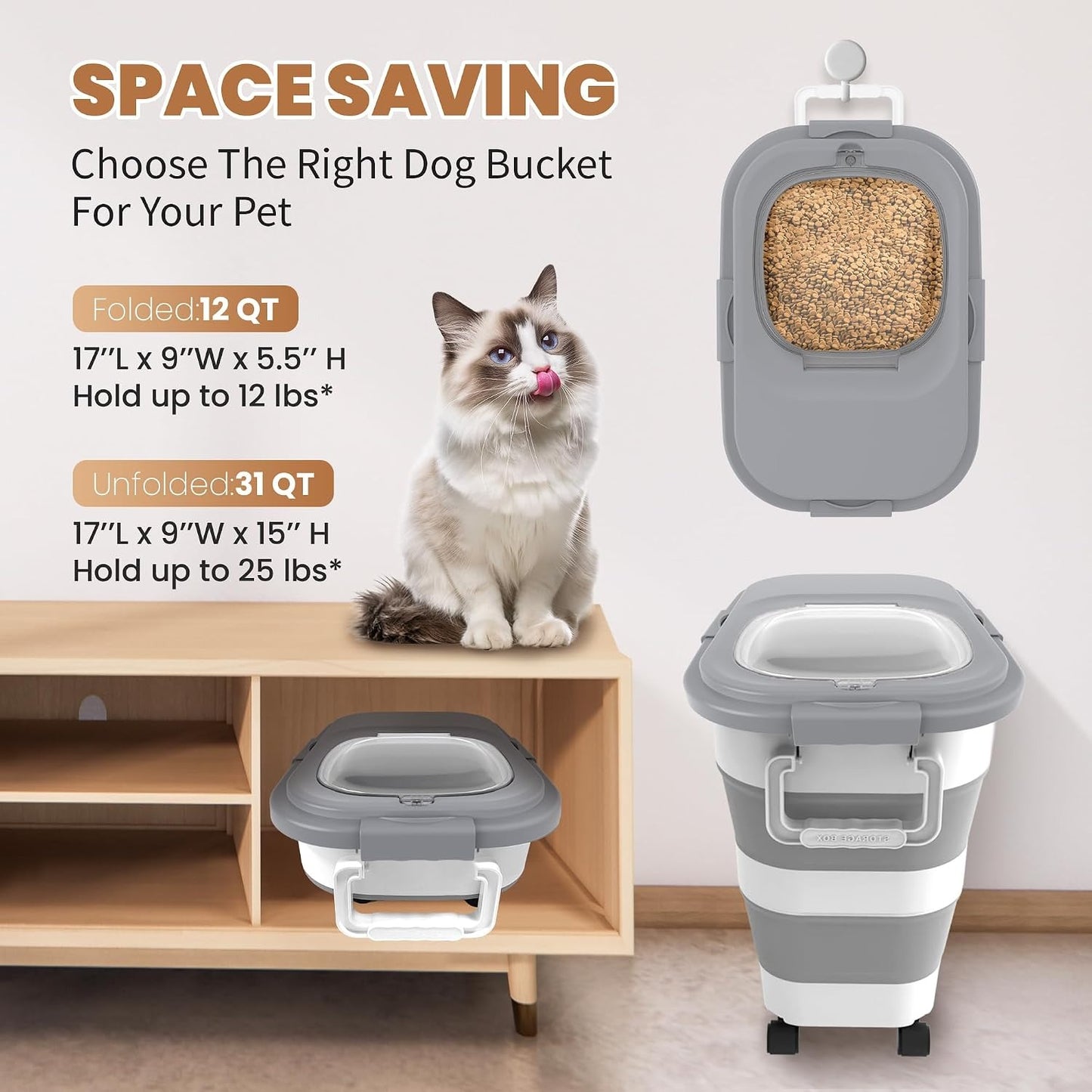23 to 25Lbs Airtight Pet Food Storage Container, Collapsible Dog & Cat Food Bin with Wheels, Scoop & Lid