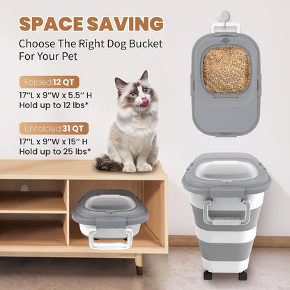 23 to 25Lbs Airtight Pet Food Storage Container, Collapsible Dog & Cat Food Bin with Wheels, Scoop & Lid