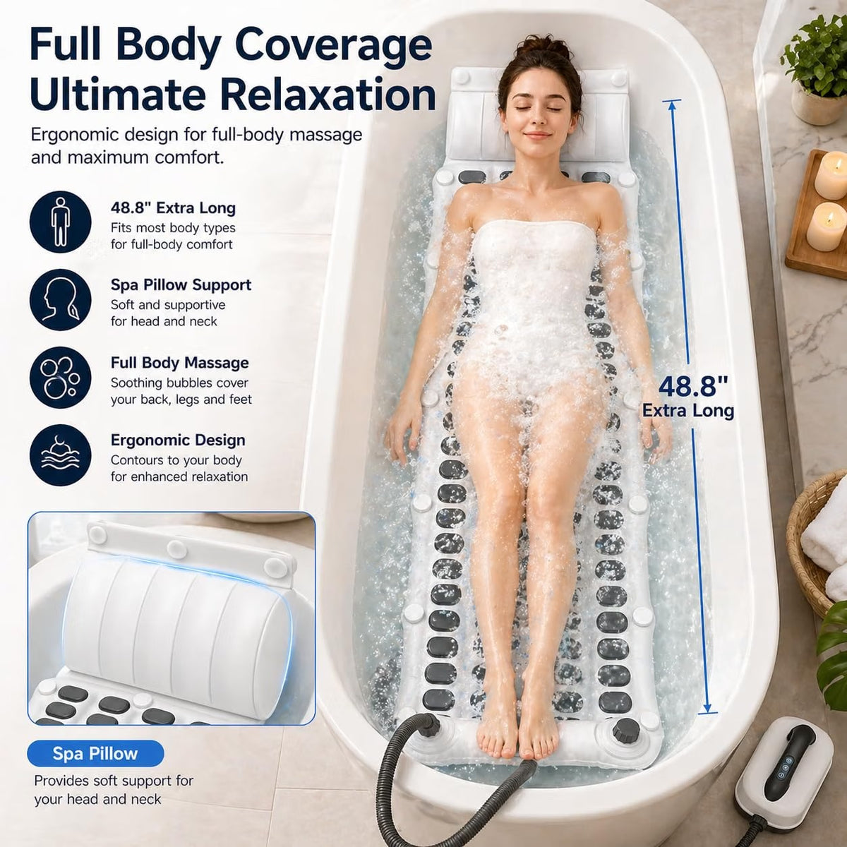 Bubble Bath Mat with Remote, 6 Speed Adjustable Bubbles, Waterproof Full Body Bathtub Mat with Suction Cups