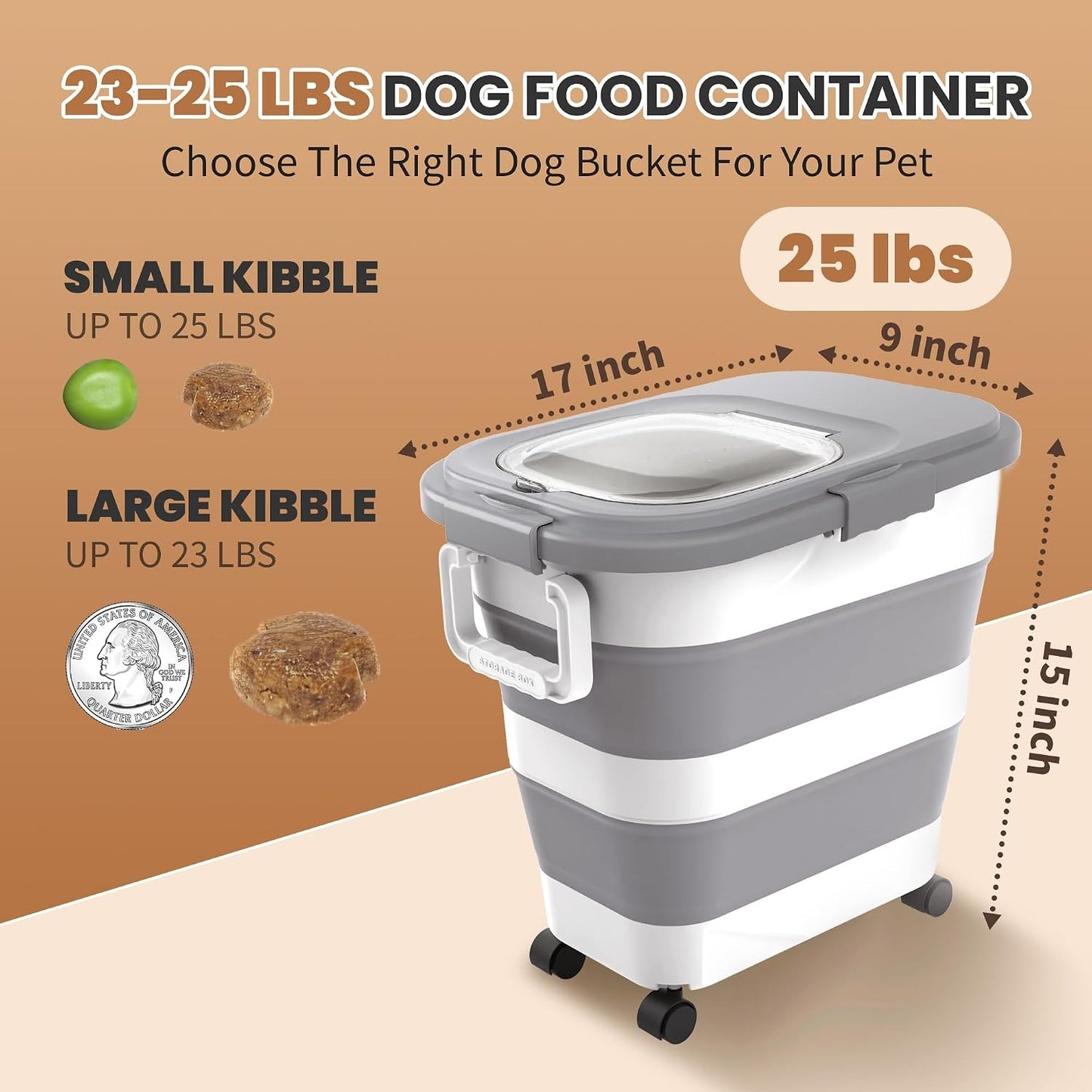 23 to 25Lbs Airtight Pet Food Storage Container, Collapsible Dog & Cat Food Bin with Wheels, Scoop & Lid