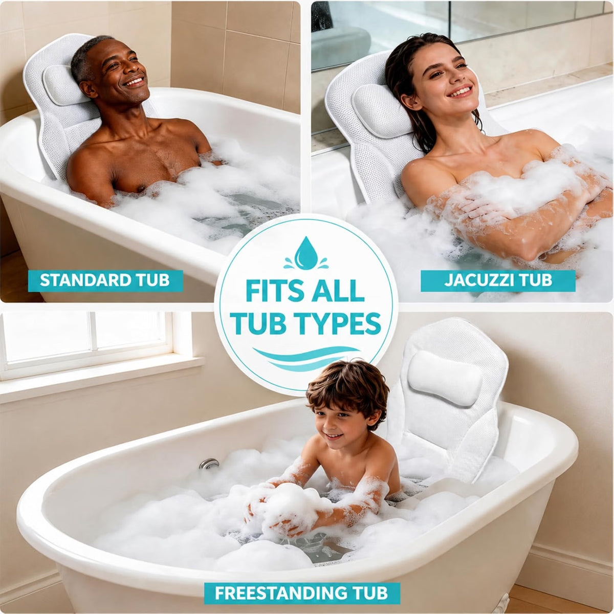 Full Body Bathtub Pillow with Lumbar Support, 5D Air Mesh Bath Cushion with 168 Suction Cups
