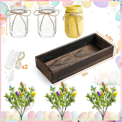 Easter Centerpiece Table Decorations with Wood Tray & LED Lights, Dining Room & Kitchen Table Runner Decor