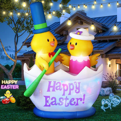 6FT Easter Inflatable Decoration, 2 Chicks Boating Blow Up Outdoor Decor with Built in LED Lights for Yard, Lawn, Garden, Holiday Party