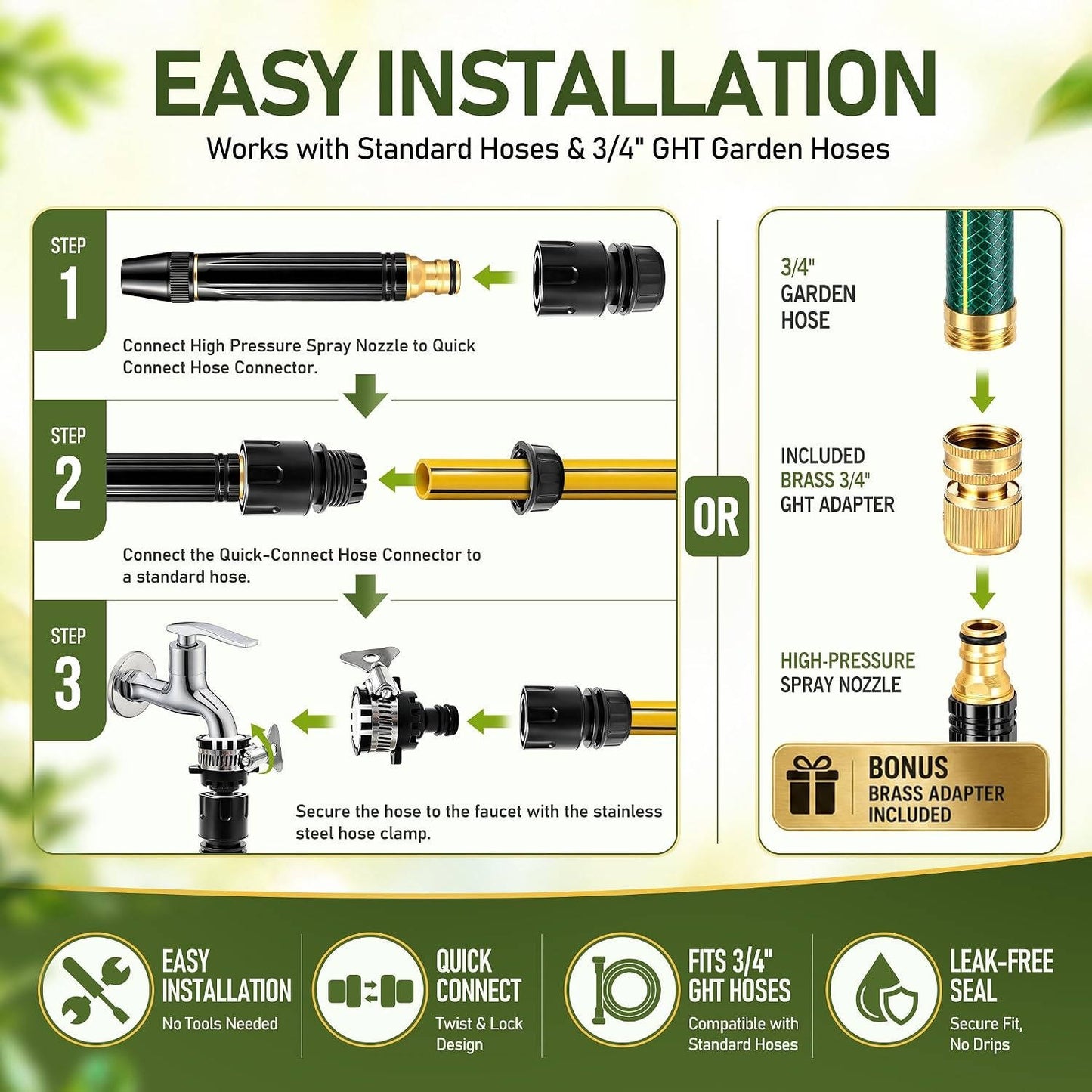 High Pressure Hose Nozzle, Metal Garden Hose Sprayer with 3 Spray Modes, Fits US Garden Hoses