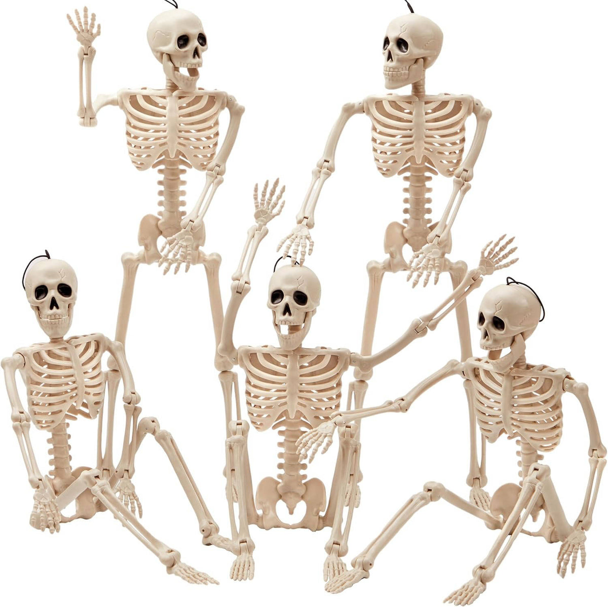5 PCS 16 Inch Halloween Skeleton Decor, Posable Full Body Hanging Skeletons for Graveyard Props, Haunted House and Spooky Party Decor