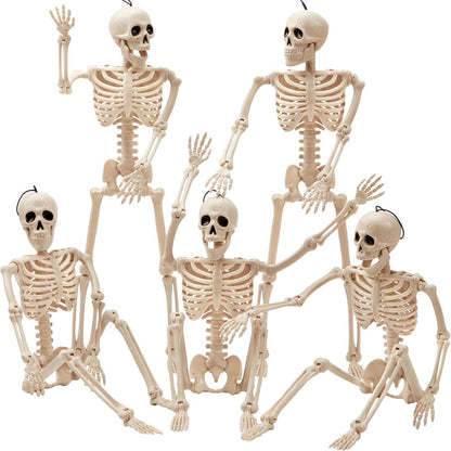 5 PCS 16 Inch Halloween Skeleton Decor, Posable Full Body Hanging Skeletons for Graveyard Props, Haunted House and Spooky Party Decor