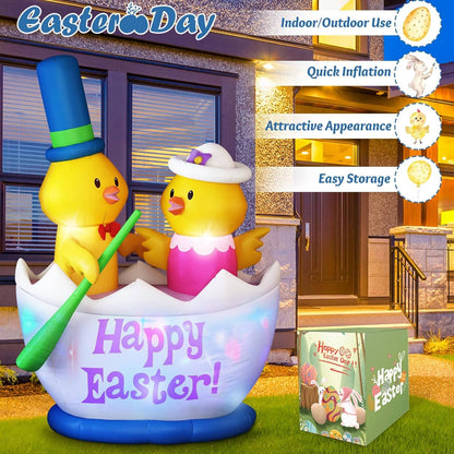 6FT Easter Inflatable Decoration, 2 Chicks Boating Blow Up Outdoor Decor with Built in LED Lights for Yard, Lawn, Garden, Holiday Party