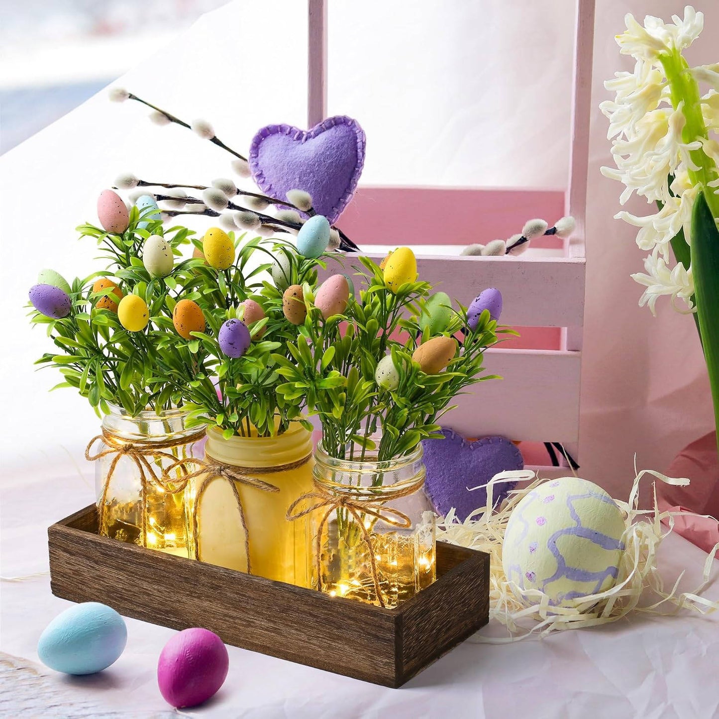 Easter Centerpiece Table Decorations with Wood Tray & LED Lights, Dining Room & Kitchen Table Runner Decor