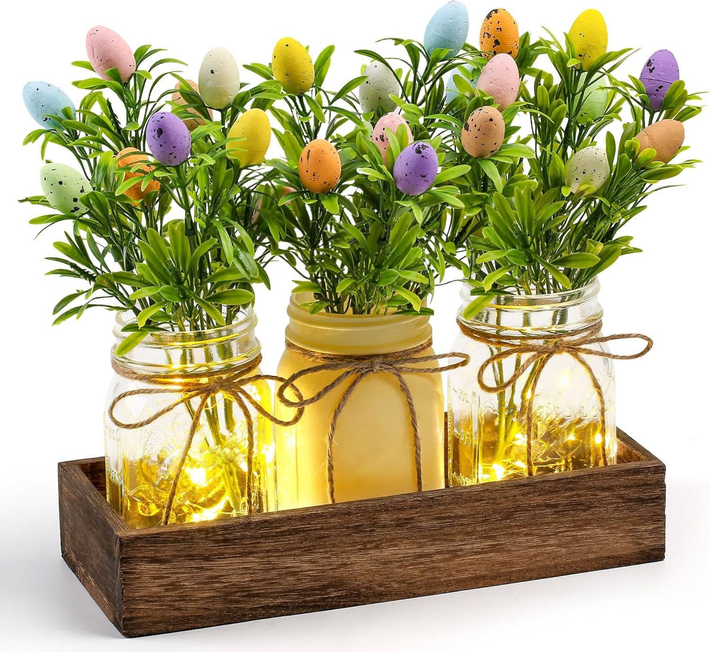 Easter Centerpiece Table Decorations with Wood Tray & LED Lights, Dining Room & Kitchen Table Runner Decor
