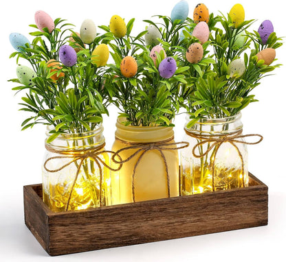 Easter Centerpiece Table Decorations with Wood Tray & LED Lights, Dining Room & Kitchen Table Runner Decor