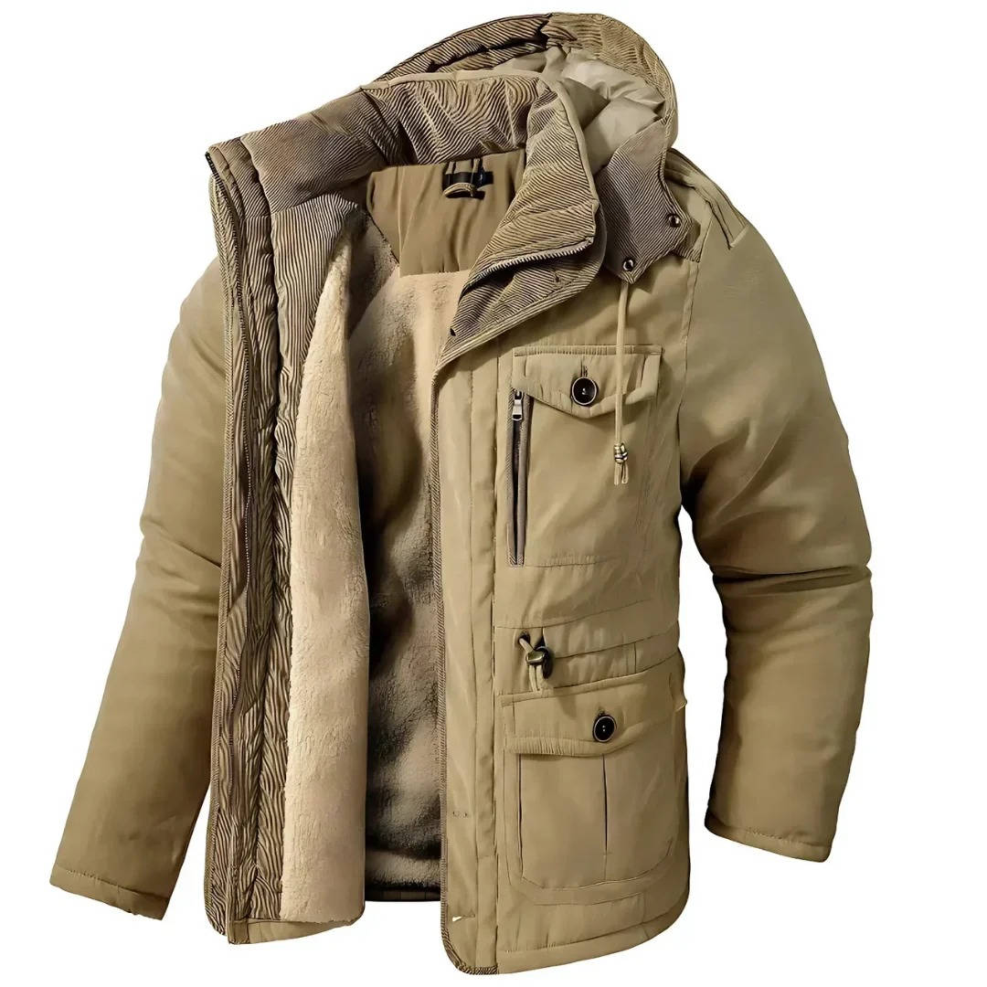 Insulated Hooded Parka with Sherpa Lining and Six Pockets for Men