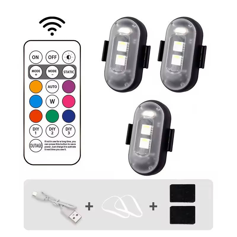 RGB LED Strobe Light Wireless With Remote, Aircraft Style Warning Light for Motorcycle, Car, Bike, Rechargeable, 8 Colors, Anti Collision