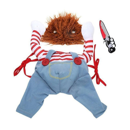 Scary Doll Dog Costume, Walking Illusion Halloween Pet Outfit with Wig and Prop Toy Knife for Trick or Treating