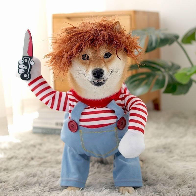 Scary Doll Dog Costume, Walking Illusion Halloween Pet Outfit with Wig and Prop Toy Knife for Trick or Treating