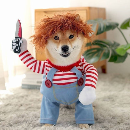 Scary Doll Dog Costume, Walking Illusion Halloween Pet Outfit with Wig and Prop Toy Knife for Trick or Treating