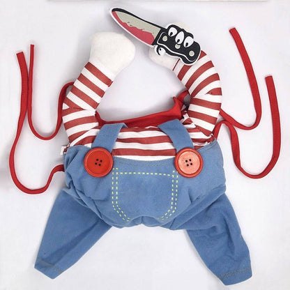 Scary Doll Dog Costume, Walking Illusion Halloween Pet Outfit with Wig and Prop Toy Knife for Trick or Treating