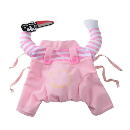 Scary Doll Dog Costume, Walking Illusion Halloween Pet Outfit with Wig and Prop Toy Knife for Trick or Treating