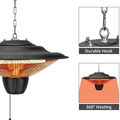 Hanging Patio Heater, 1500W Electric Infrared Heater, IP34 Protection, Adjustable Chain & Pull Cord for Indoor & Outdoor Use