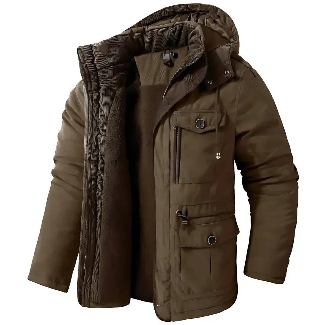 Insulated Hooded Parka with Sherpa Lining and Six Pockets for Men