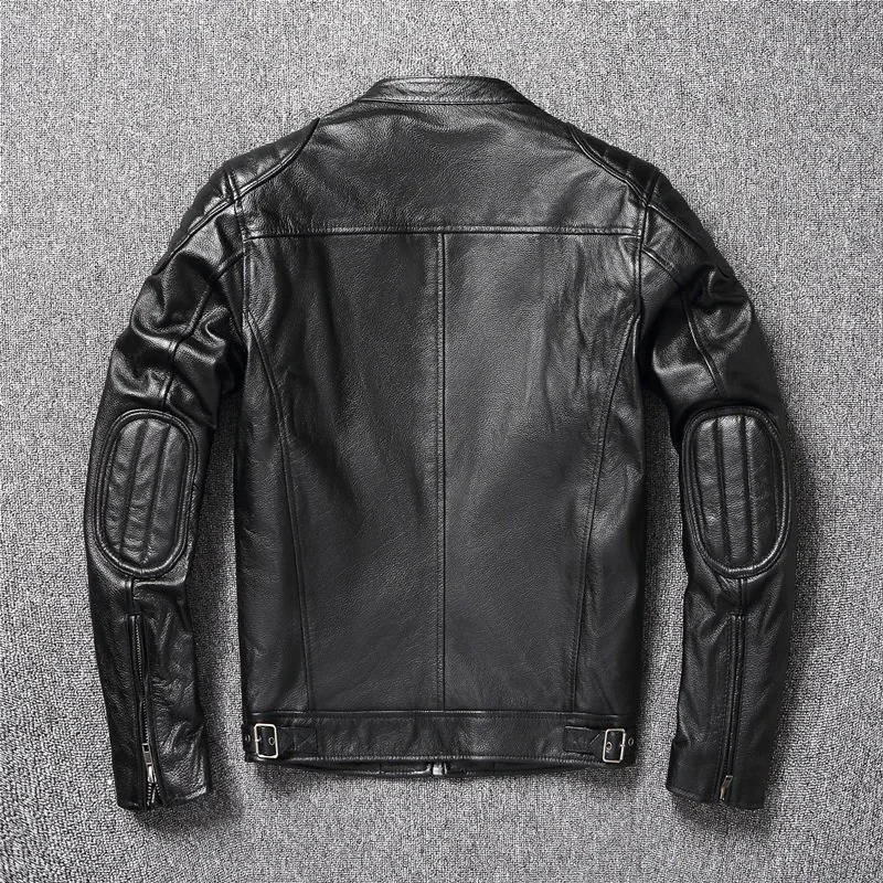 Quilted Leather Motorcycle Jacket with Snap Collar and Zip Pockets for Men