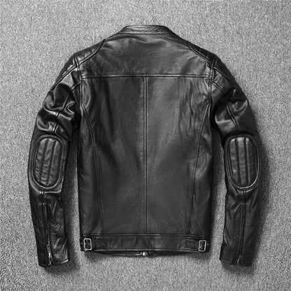 Quilted Leather Motorcycle Jacket with Snap Collar and Zip Pockets for Men