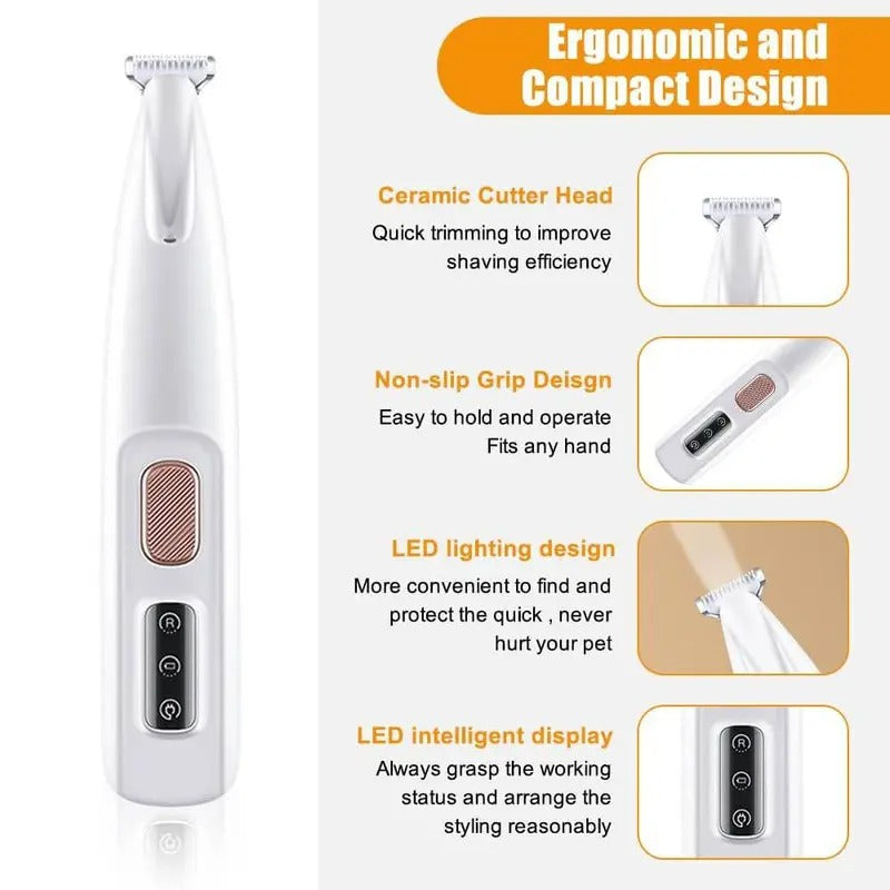 Stress Free LED Pet Paw Trimmer, Whisper Quiet Waterproof Cat & Dog Clipper for Sensitive Areas, Precision Grooming Kit with USB Charging