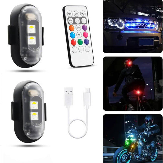 RGB LED Strobe Light Wireless With Remote, Aircraft Style Warning Light for Motorcycle, Car, Bike, Rechargeable, 8 Colors, Anti Collision