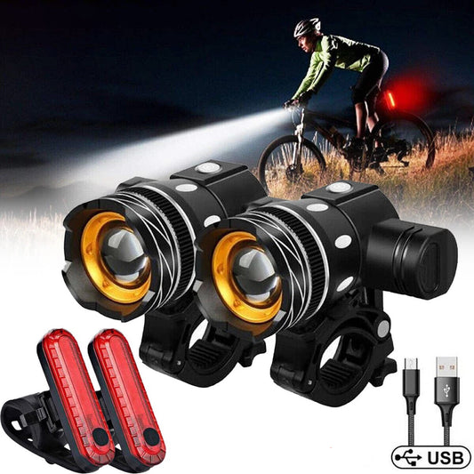 USB Rechargeable Bicycle Headlight and Rear Taillight Set with Multiple Brightness and Flash Modes
