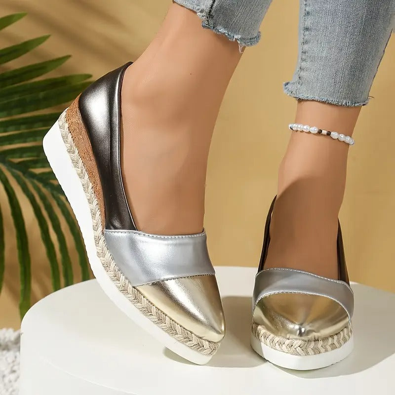 Women's Wedge Sandals with Padded Footbed and Metallic Upper, Lightweight Stable Sole