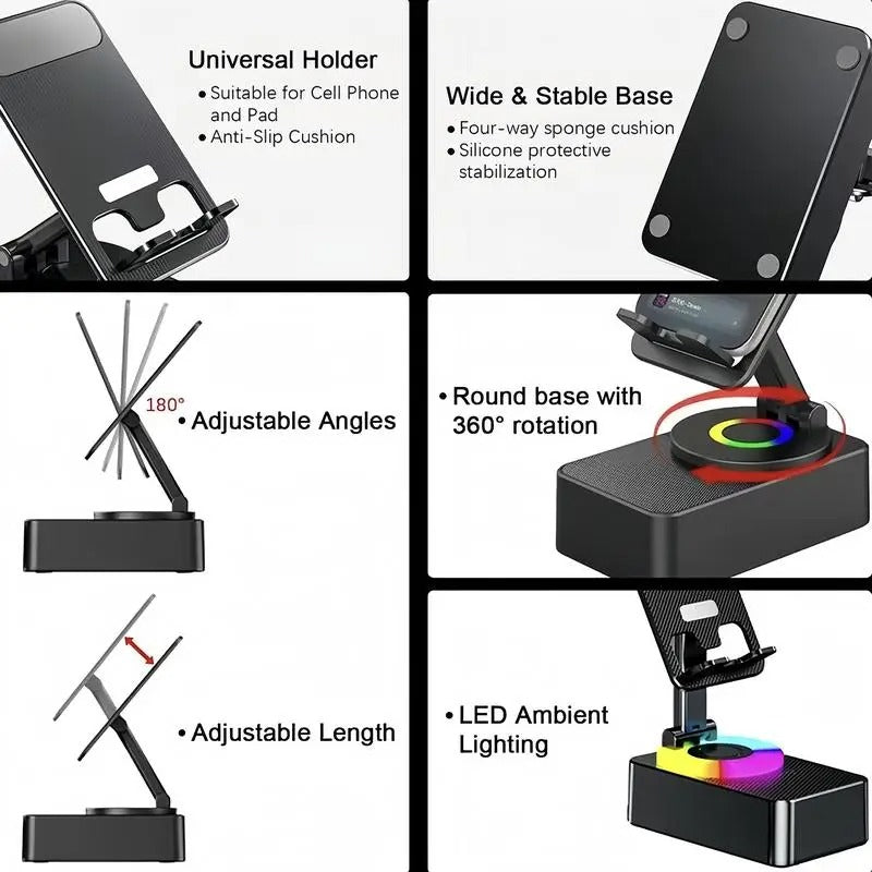 Portable Desk Speaker & Foldable Phone Stand, 5 in 1 Wireless Bluetooth Hub with Colorful LED Light for Iphone, Android & Tablets