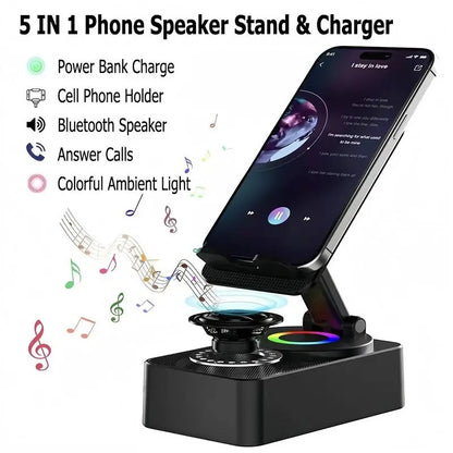 Portable Desk Speaker & Foldable Phone Stand, 5 in 1 Wireless Bluetooth Hub with Colorful LED Light for Iphone, Android & Tablets
