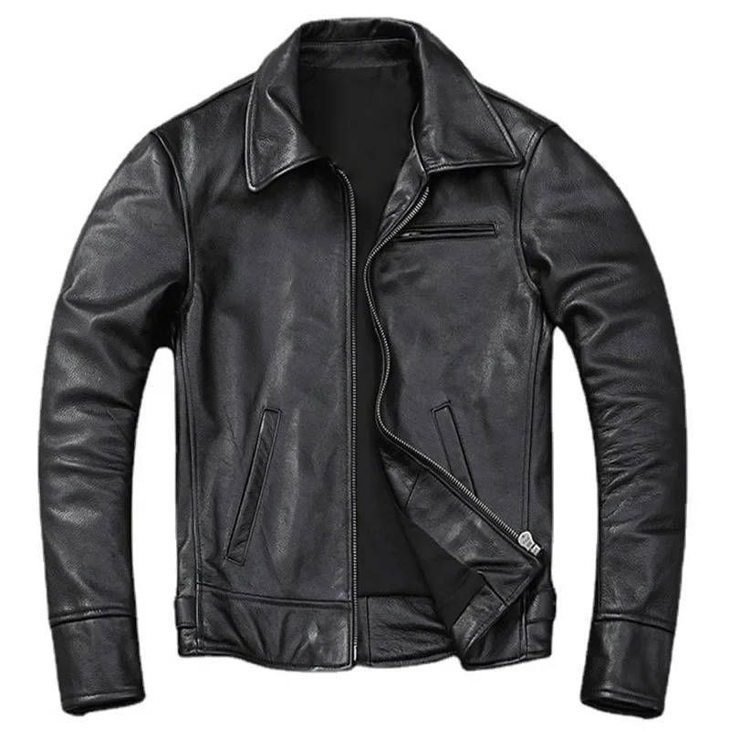 Mens Slim Fit Cowhide Biker Jacket with Weathered Brown Finish and Reinforced Stitching