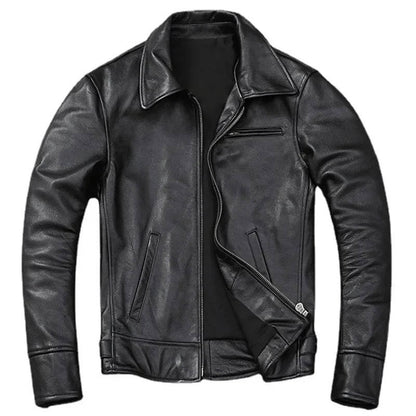 Mens Slim Fit Cowhide Biker Jacket with Weathered Brown Finish and Reinforced Stitching