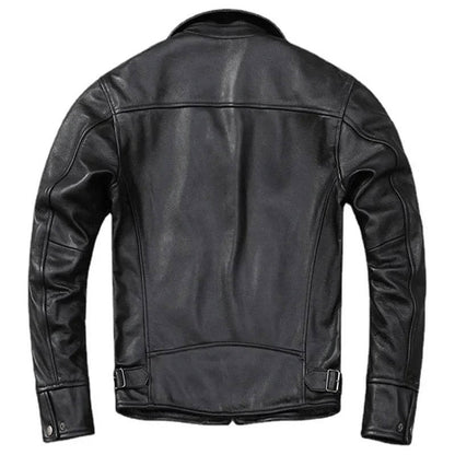 Mens Slim Fit Cowhide Biker Jacket with Weathered Brown Finish and Reinforced Stitching