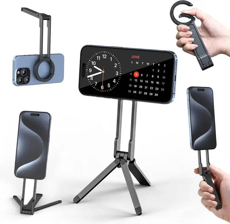 Aluminum Compact Tripod Stand, Double Sided Magnetic Phone Holder, Foldable Phone Mount for iPhone 13 to 16