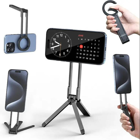 Aluminum Compact Tripod Stand, Double Sided Magnetic Phone Holder, Foldable Phone Mount for iPhone 13 to 16