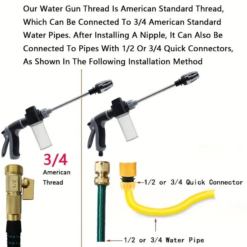 High Pressure Water Hose, Long Handle Garden Hose Nozzle for Car Wash & Household Cleaning, Stainless Steel & Universal 3/4" Fit
