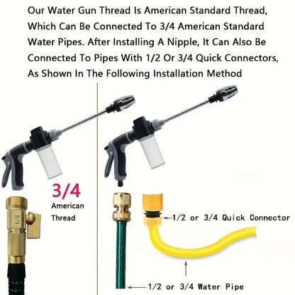 High Pressure Water Hose, Long Handle Garden Hose Nozzle for Car Wash & Household Cleaning, Stainless Steel & Universal 3/4" Fit