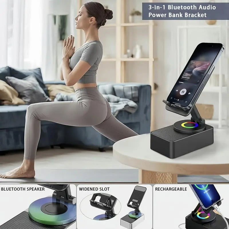 Portable Desk Speaker & Foldable Phone Stand, 5 in 1 Wireless Bluetooth Hub with Colorful LED Light for Iphone, Android & Tablets