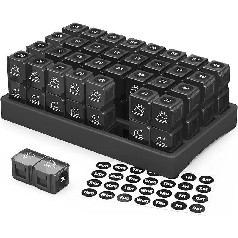 Monthly Pill Organizer 2 Times a Day, 31 Day Am/Pm Pill Box Set with Stickers & Large Storage Case, Twice a Day Medication Planner