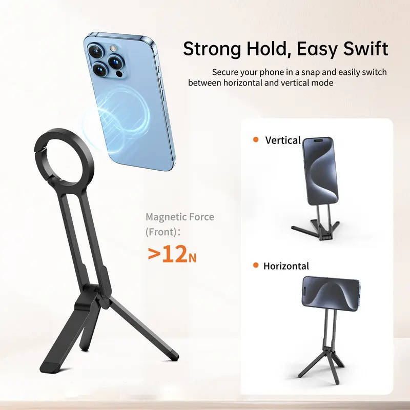 Aluminum Compact Tripod Stand, Double Sided Magnetic Phone Holder, Foldable Phone Mount for iPhone 13 to 16