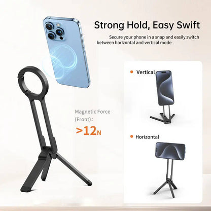Aluminum Compact Tripod Stand, Double Sided Magnetic Phone Holder, Foldable Phone Mount for iPhone 13 to 16
