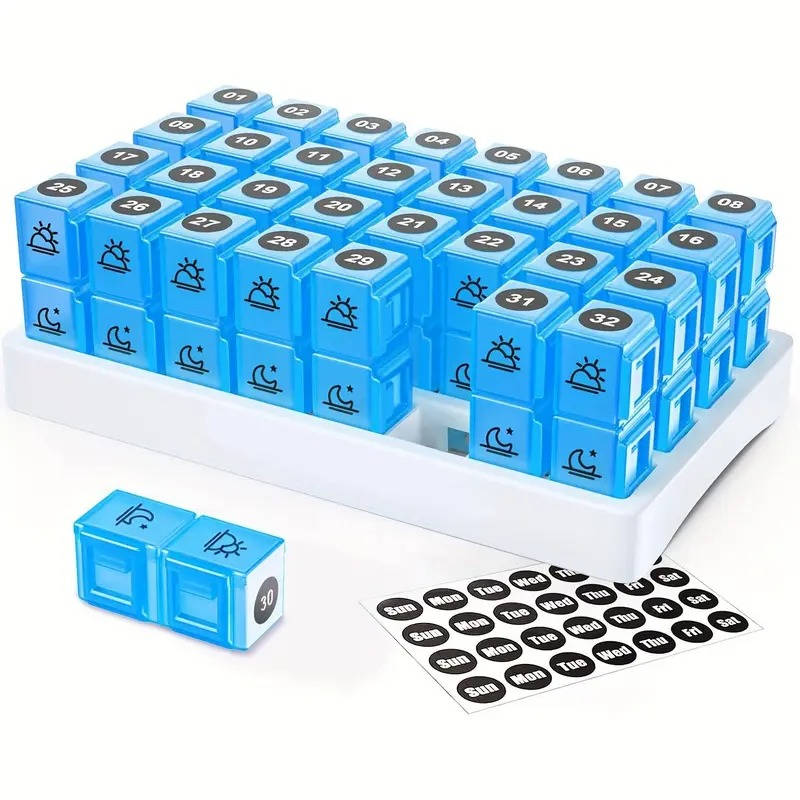 Monthly Pill Organizer 2 Times a Day, 31 Day Am/Pm Pill Box Set with Stickers & Large Storage Case, Twice a Day Medication Planner