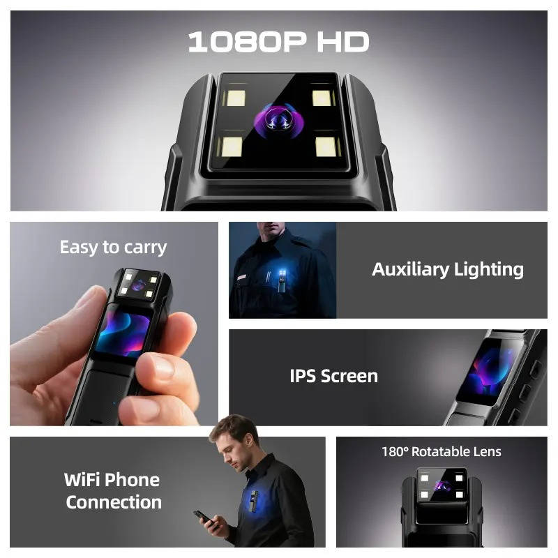Compact 1080P HD Body Camera with 180° Rotatable Lens, Portable Wearable Video Recorder with Night Vision, Motion Detection & Wide Angle Recording