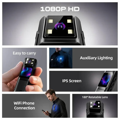 Compact 1080P HD Body Camera with 180° Rotatable Lens, Portable Wearable Video Recorder with Night Vision, Motion Detection & Wide Angle Recording