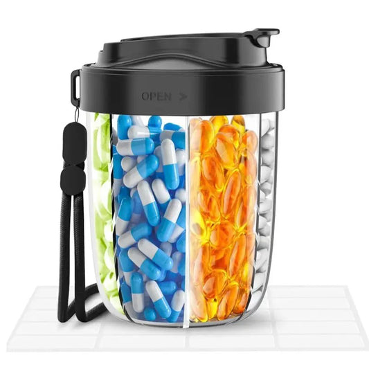 Large Pill Organizer with 4 Compartments, Portable Travel Pill Vitamin Dispenser Case, Anti Mix Wide Opening Design with Carrying Strap