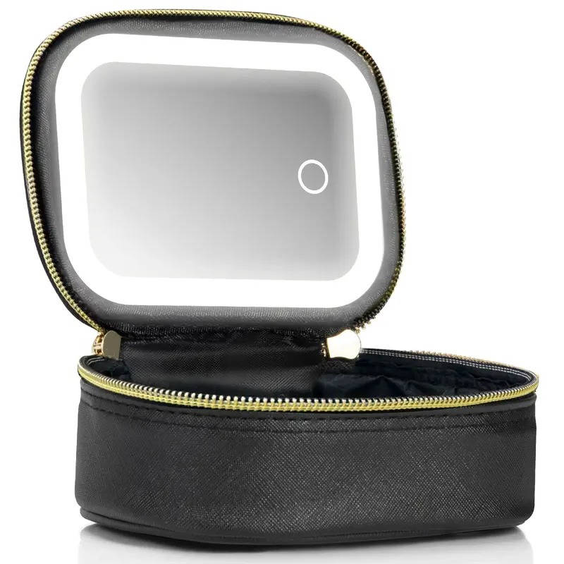 Travel Makeup Bag, Cosmetic Train Case, Adjustable LED Mirror, Portable Organizer