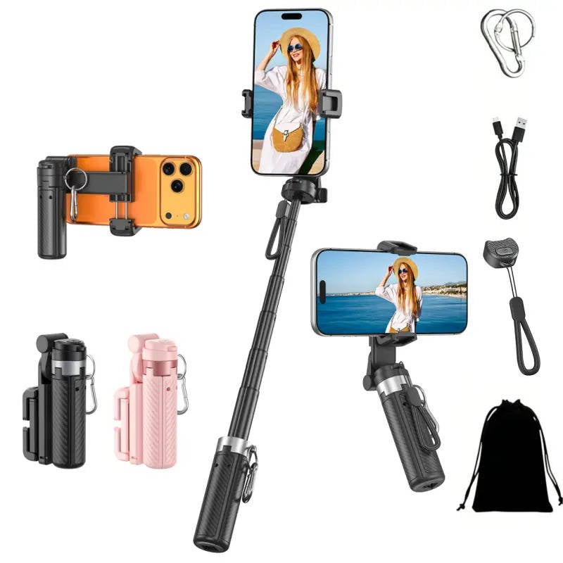 4 in 1 Selfie Stick, 360° Rotating Phone Holder with Wireless Bluetooth Remote, 25 Inch Extendable Tripod